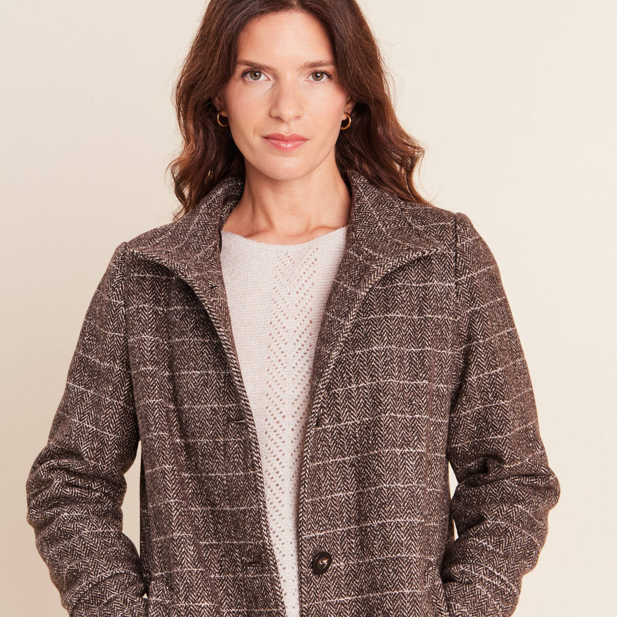 Manteau col montant doubl&eacute; marron femme