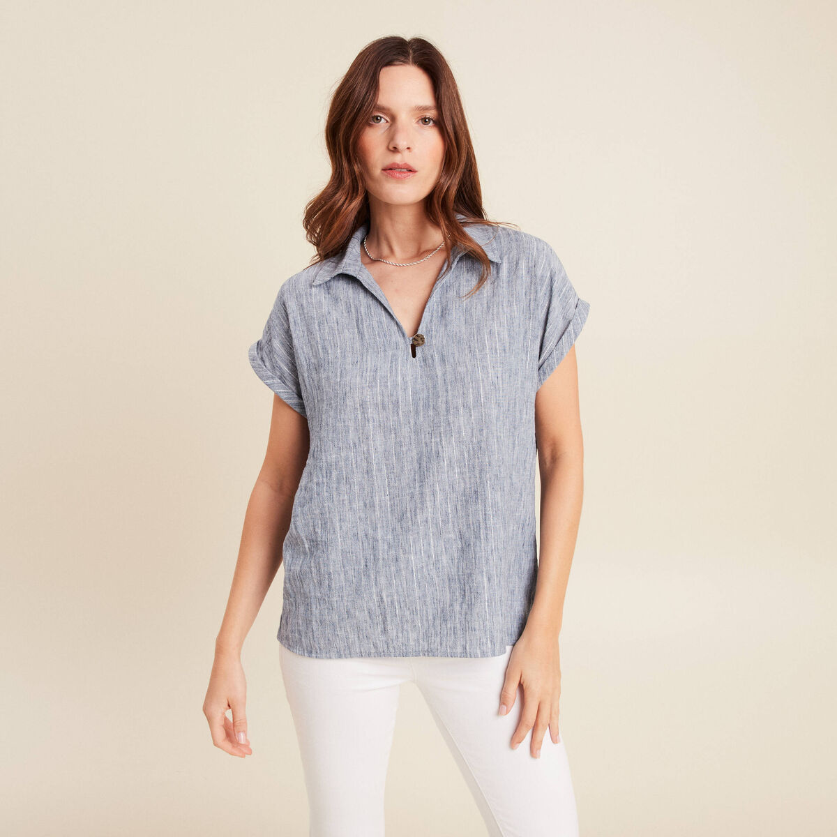 Blouse manches courtes fluide bleu femme