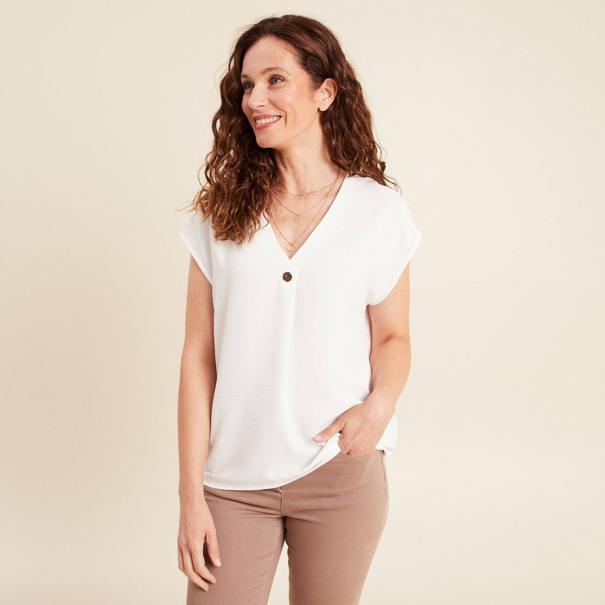Blouse manches courtes fluide ecru femme