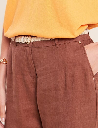 Pantalon coupe chino en lin ceintur&eacute; marron fonc&eacute; femme