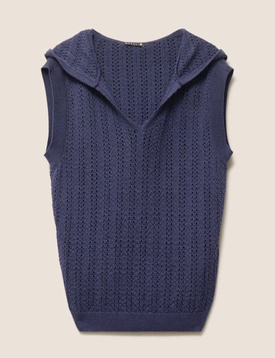 Pull droit sans manches &agrave; capuche bleu marine femme