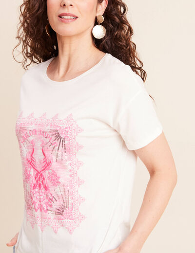 T-shirt col rond manches courtes brod&eacute; ecru femme