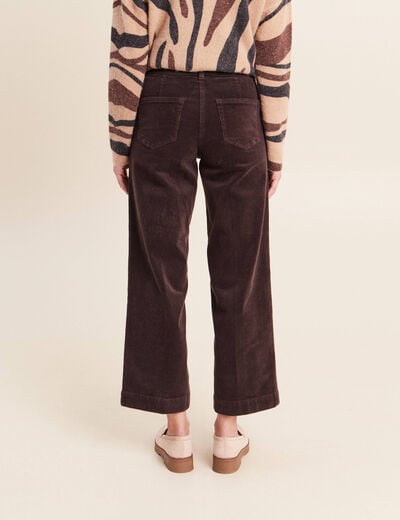 Pantalon large velours c&ocirc;tel&eacute; marron fonc&eacute; femme