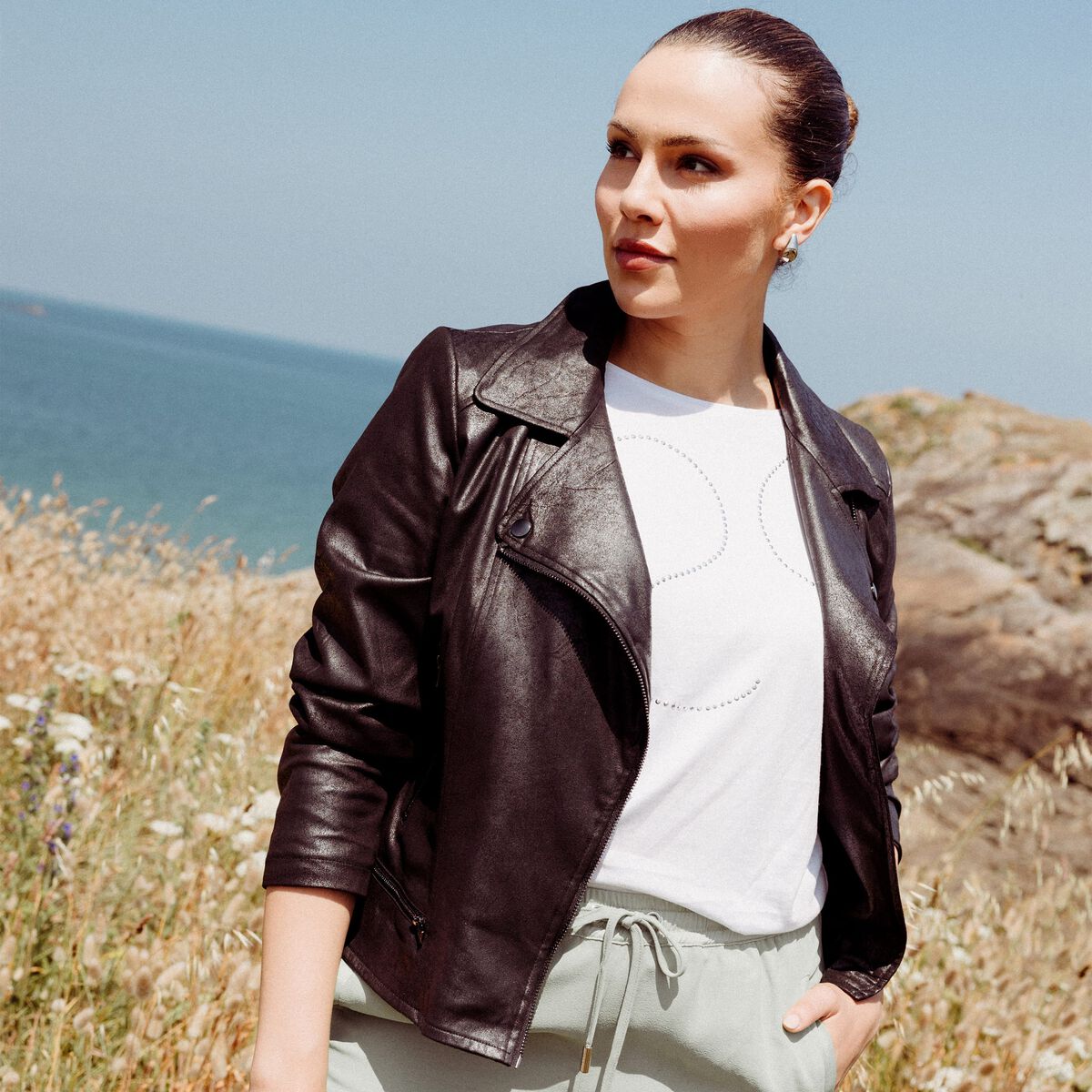 Veste esprit motard zipp&eacute;e marron fonc&eacute; femme