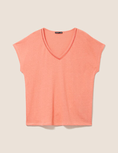 T-shirt col v manches courtes aspect lin orange fluo femme