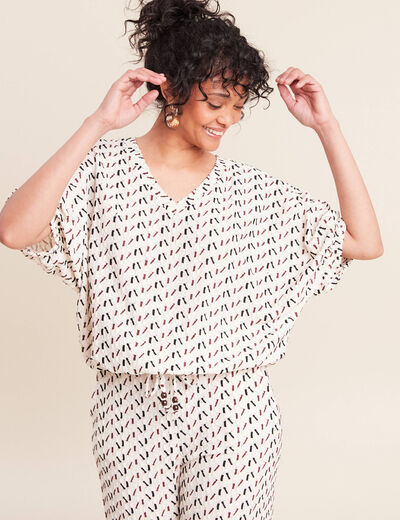 T-shirt effet boule col v manches coudes blanc femme