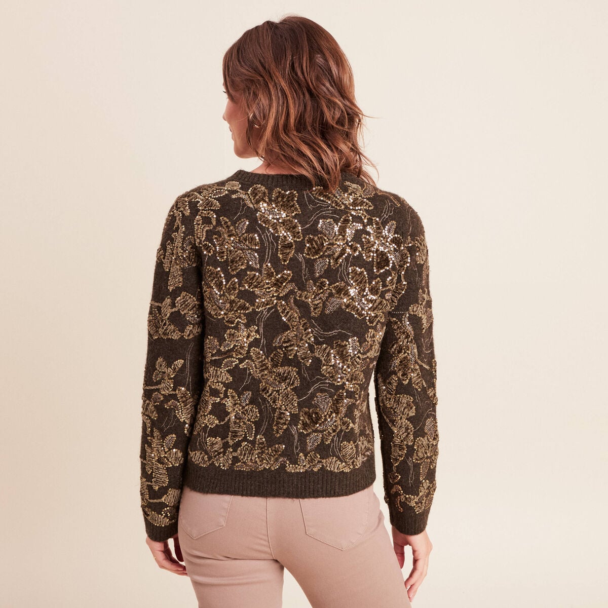 Gilet droit brod&eacute; &agrave; sequins vert kaki femme