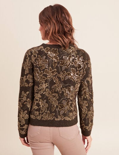Gilet droit brod&eacute; &agrave; sequins vert kaki femme