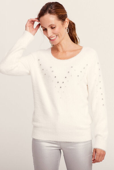 Pull manches longues strass ecru femme