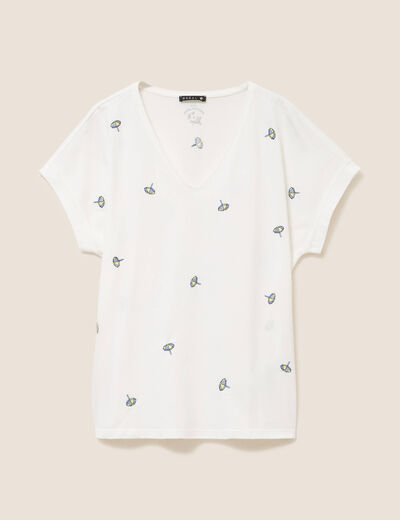 T-shirt col v broderie manches courtes ecru femme