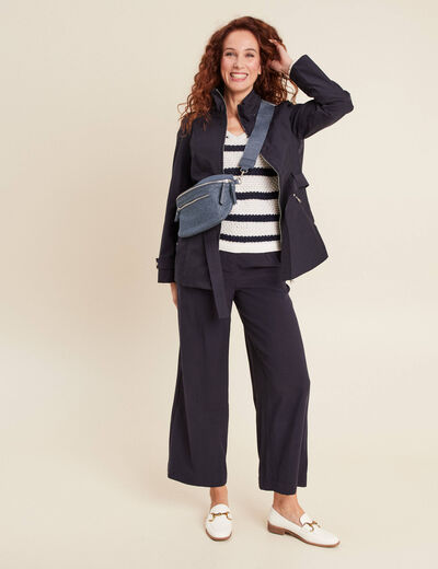 Pantalon large ceinturé bleu foncé femme