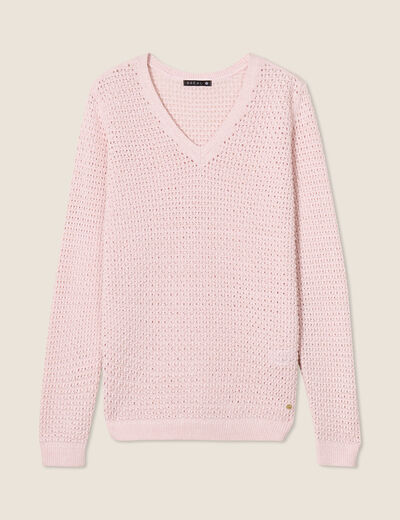Pull manches longues col en V rose clair femme