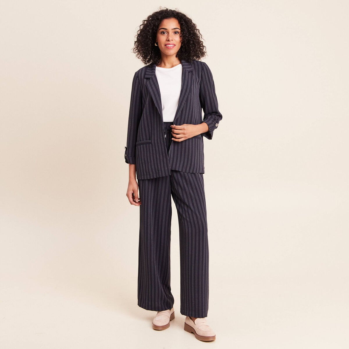 Veste longue droite col tailleur bleu femme