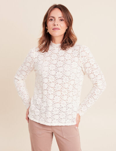 T-shirt cintr&eacute; col montant dentelle ecru femme