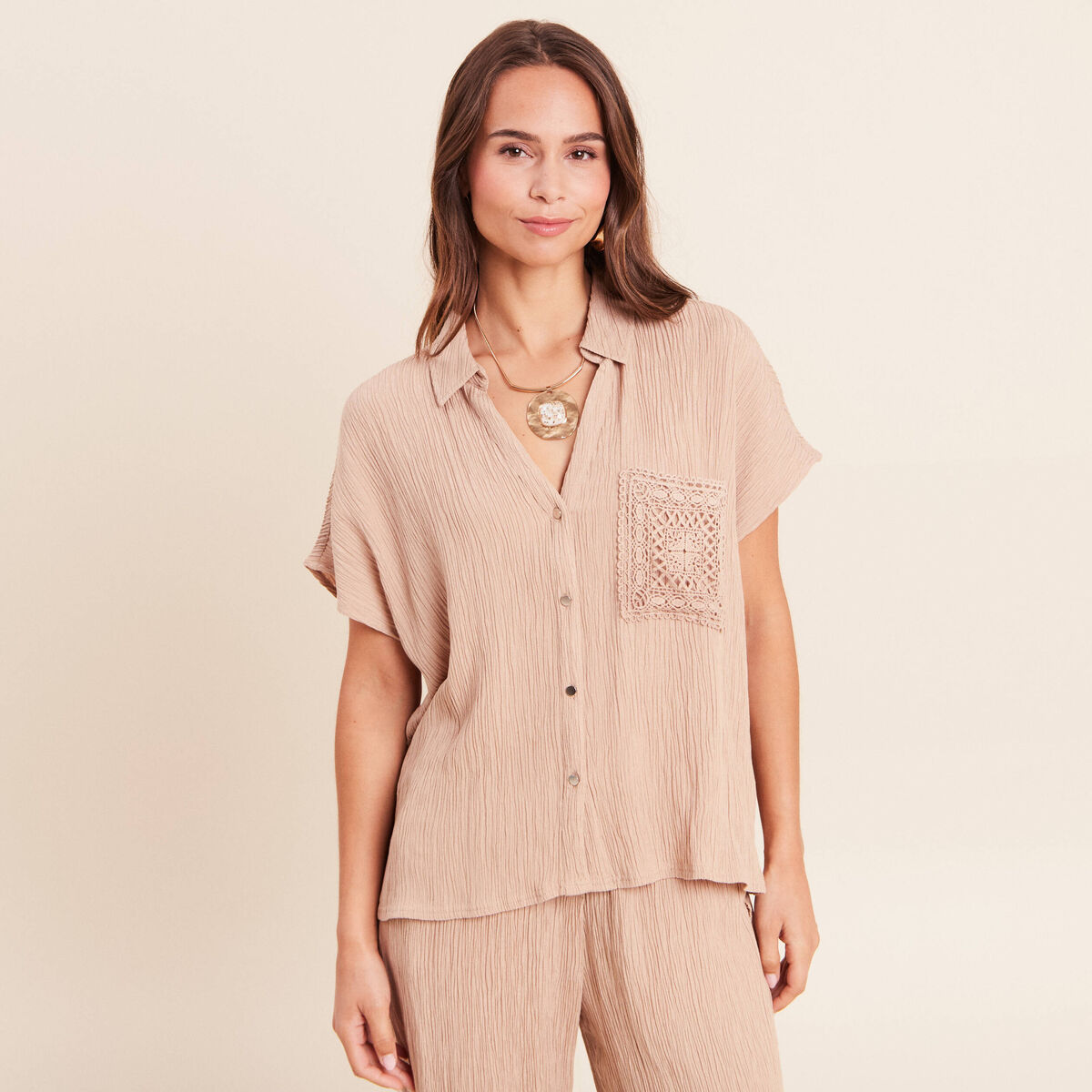 Chemise ample courte manches courtes sable femme