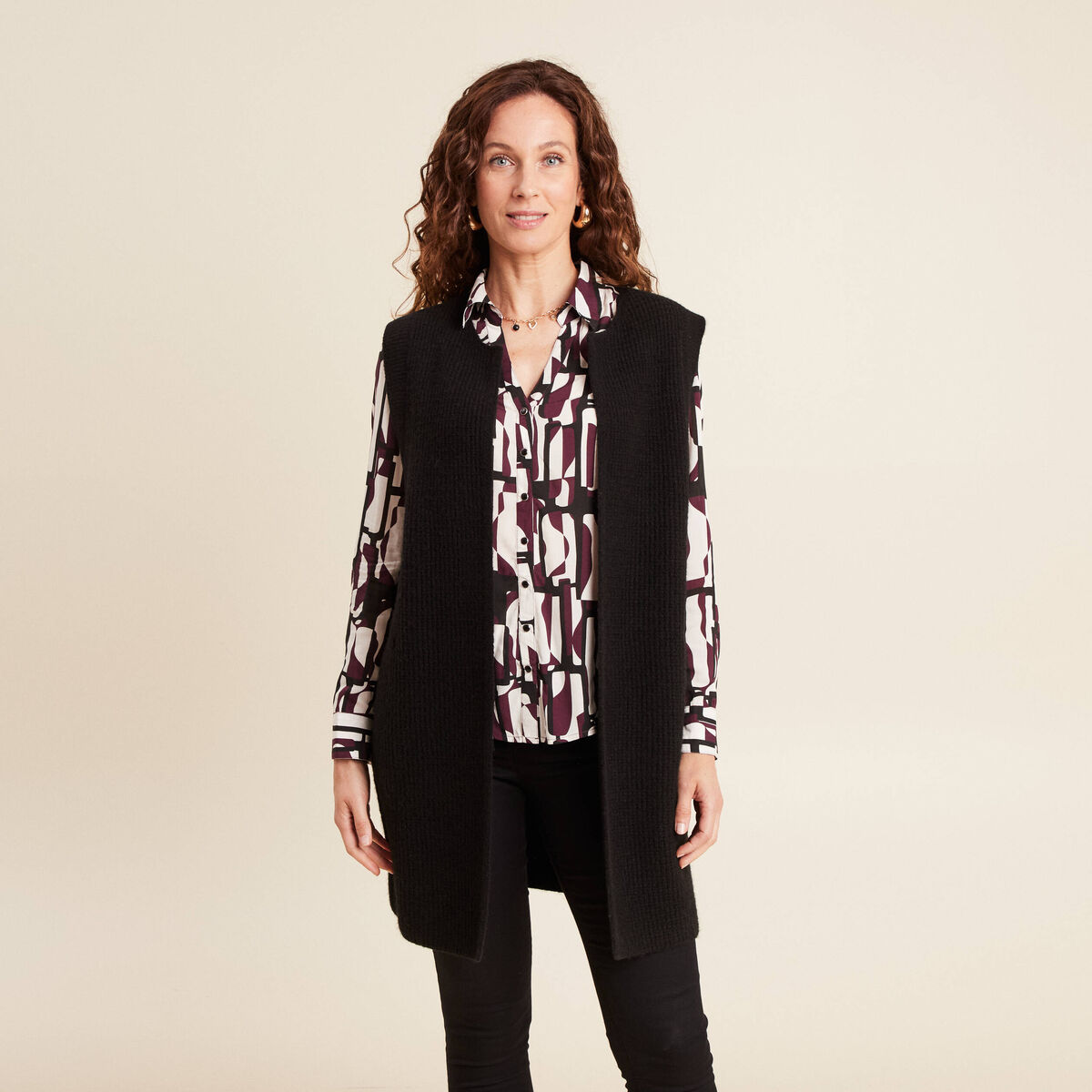 Gilet long manches longues noir femme | Morgan