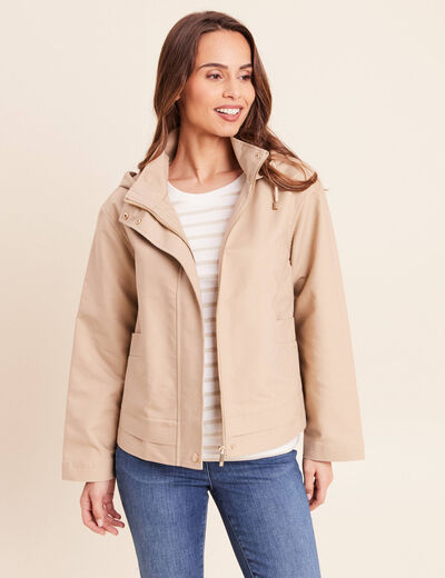 Parka droite courte &agrave; capuche en coton sable femme