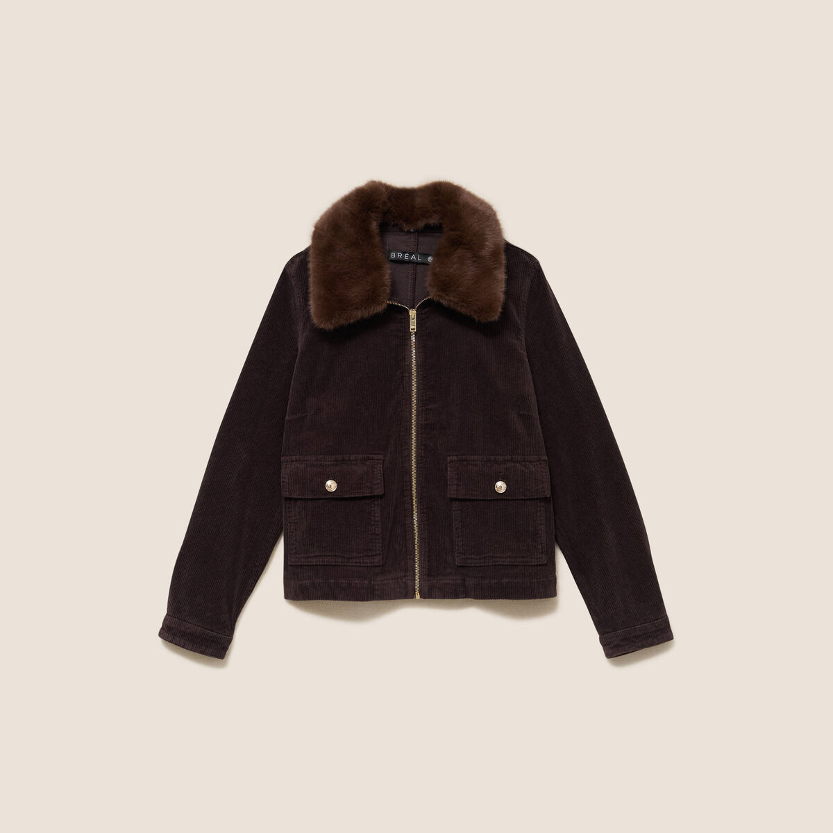 Blouson droit velours manches longues marron fonc&eacute; femme