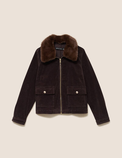 Blouson droit velours manches longues marron fonc&eacute; femme