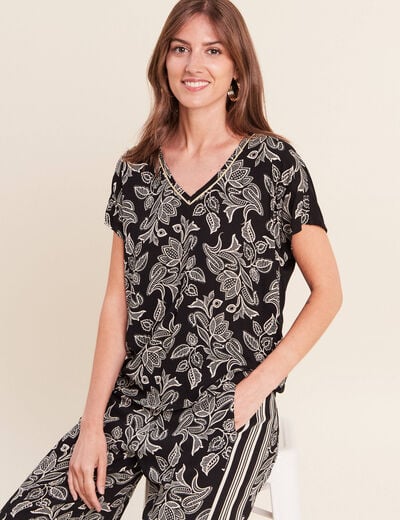 Blouse col v manches courtes noir femme