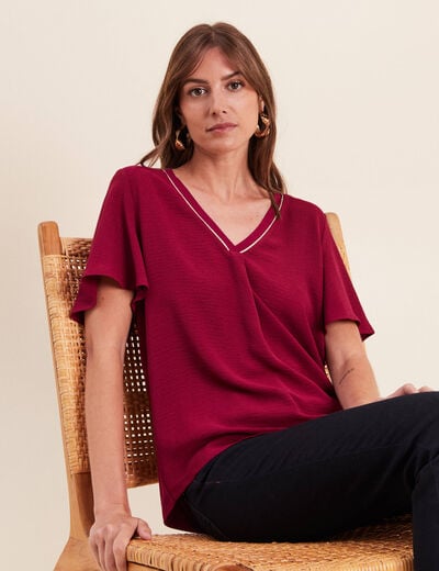 T-shirt bi-mati&egrave;re manches courtes rouge fonc&eacute; femme