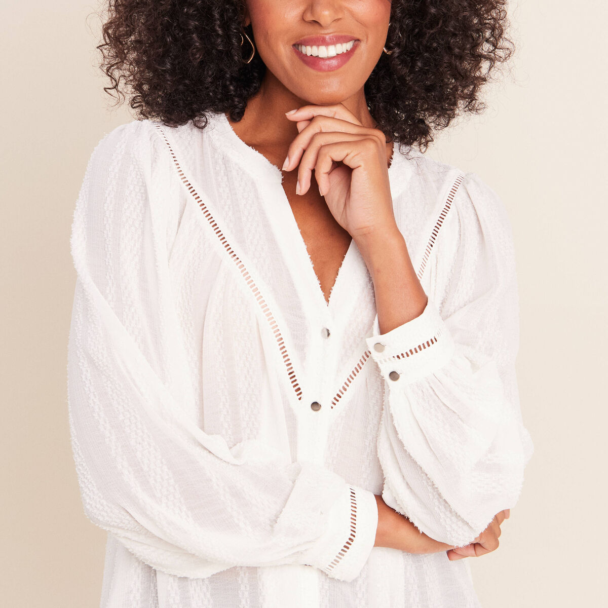 Blouse ample col chemise manches longues ivoire femme