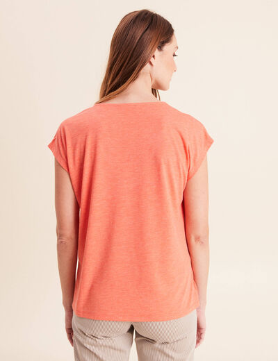 T-shirt col v manches courtes orange fluo femme