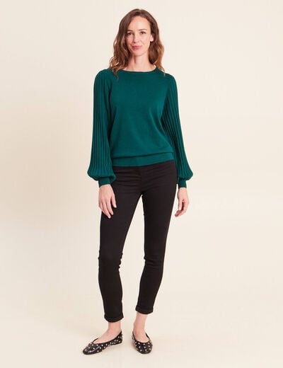 Pull cintr&eacute; col rond manches longues vert fonc&eacute; femme