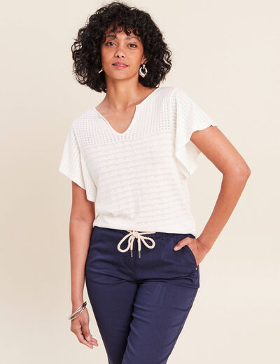 Pull col tunisien manches courtes ecru femme