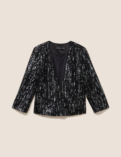 Veste ajust&eacute;e courte &agrave; sequins gris fonc&eacute; femme