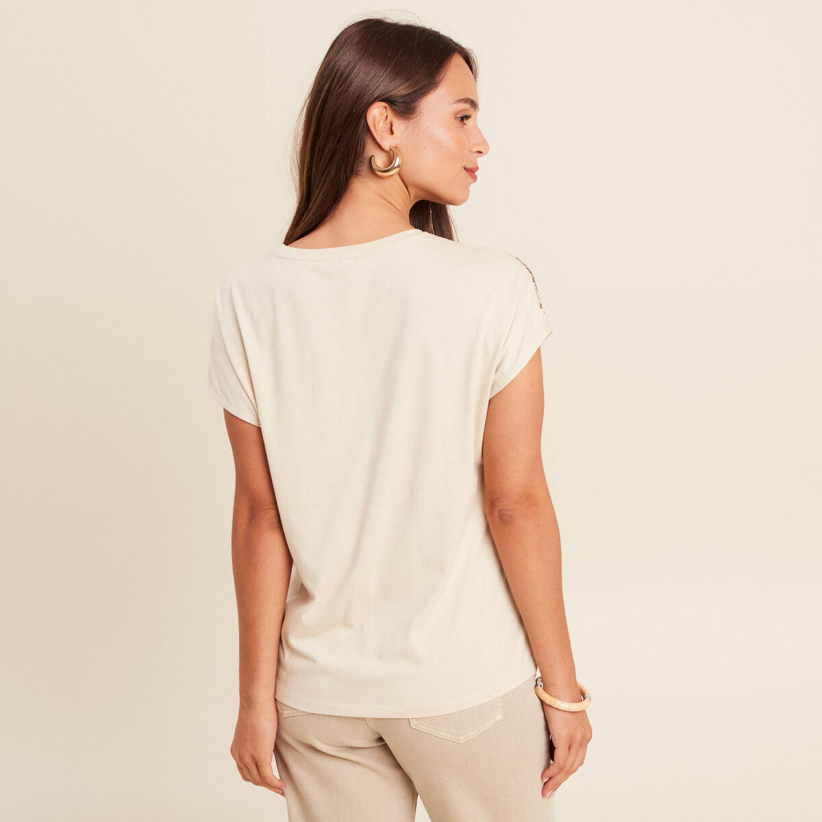T-shirt col rond manches courtes beige femme