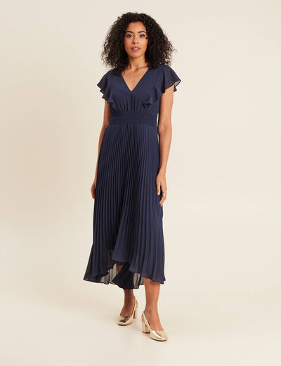 Robe longue évasée à volants bleu marine femme