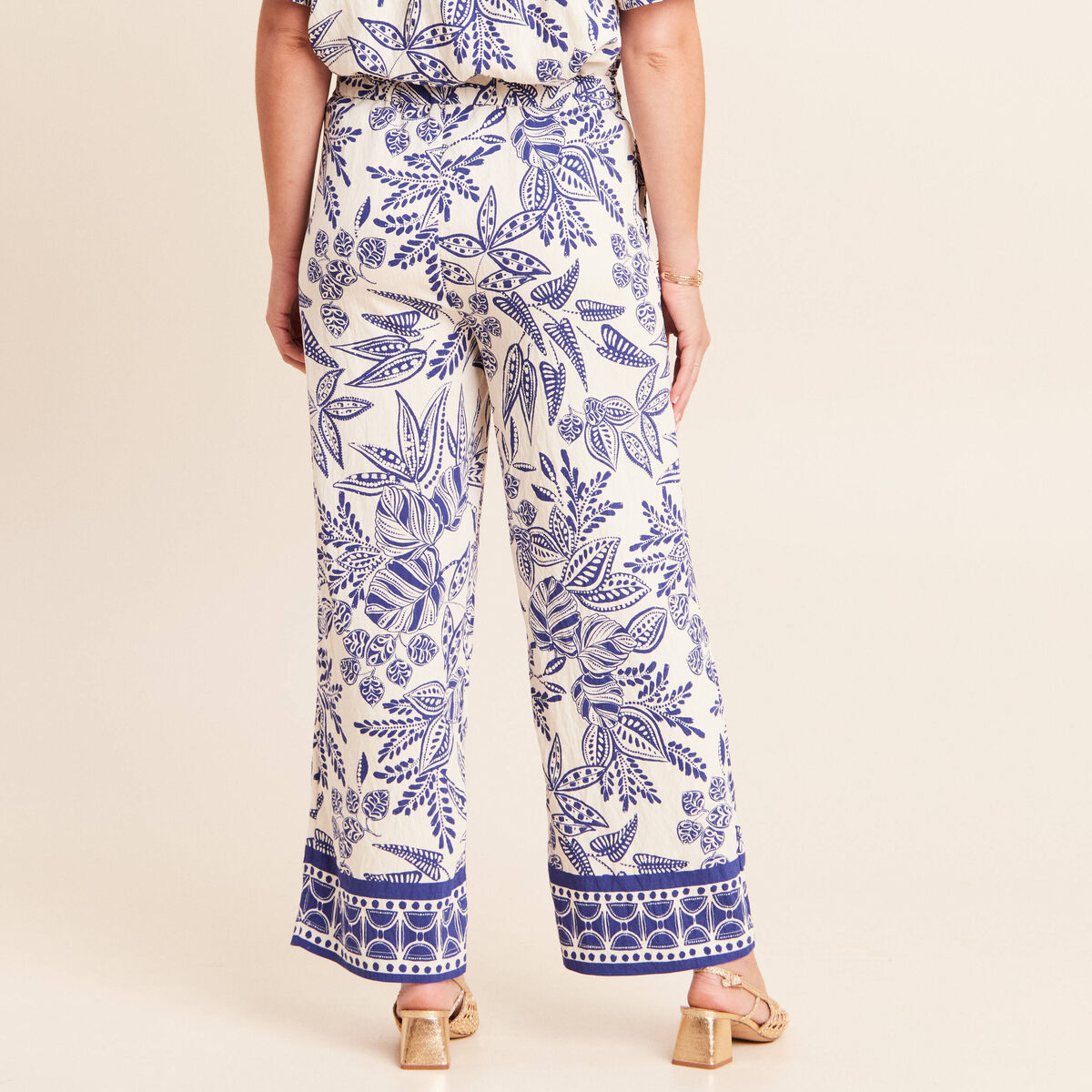 Pantalon large 7/8&egrave;me taille haute bleu femme