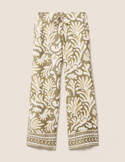 Pantalon large taille haute aspect lin vert femme