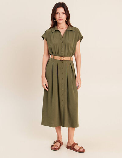 Robe patineuse 3/4 col chemise vert kaki femme