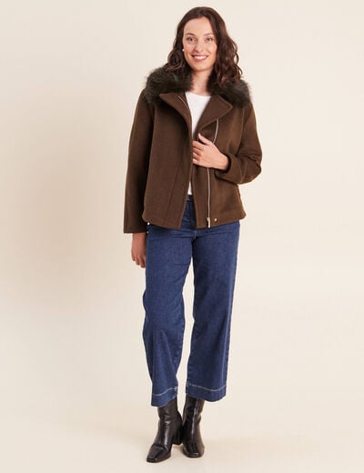Manteau manches longues col fourrure vert kaki femme