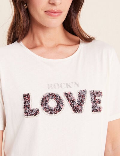 T-shirt &agrave; message col rond ecru femme