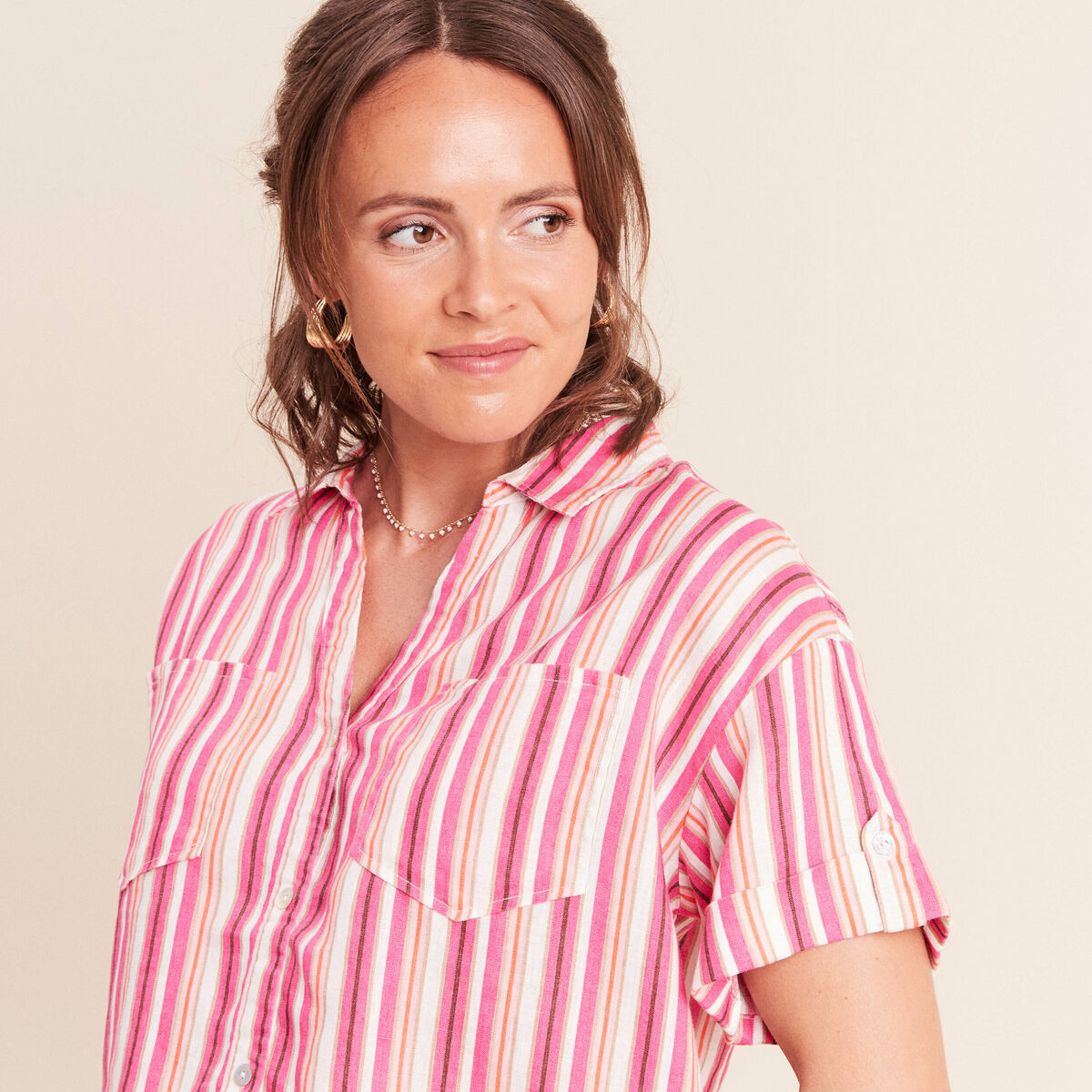 Chemise ample manches courtes aspect lin rose femme