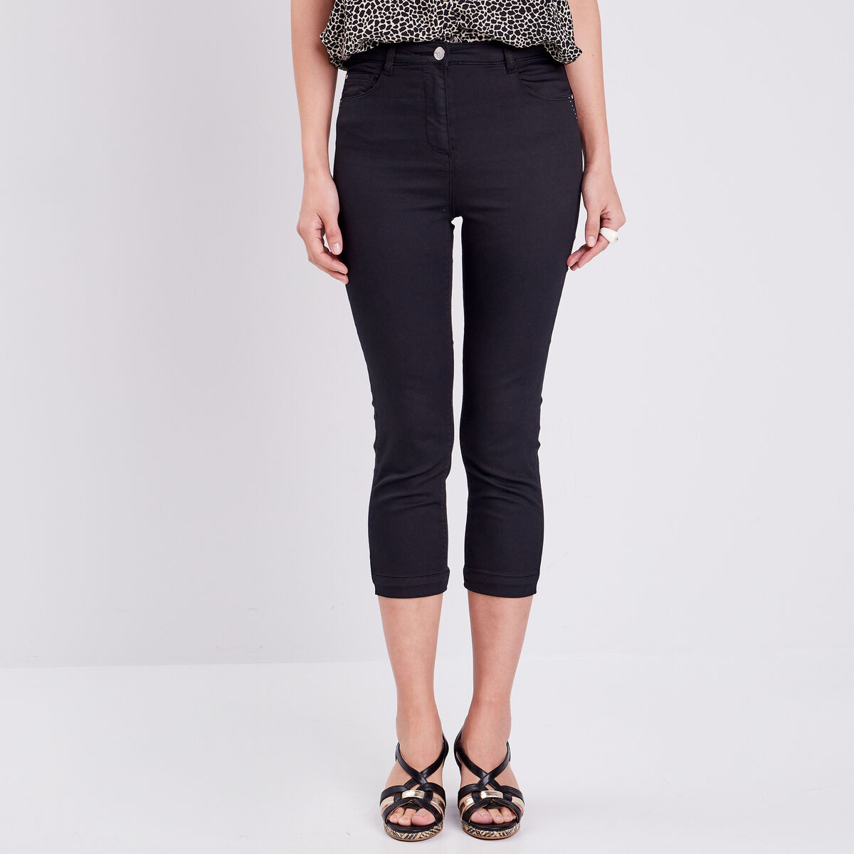 Pantacourt droit taille haute noir femme