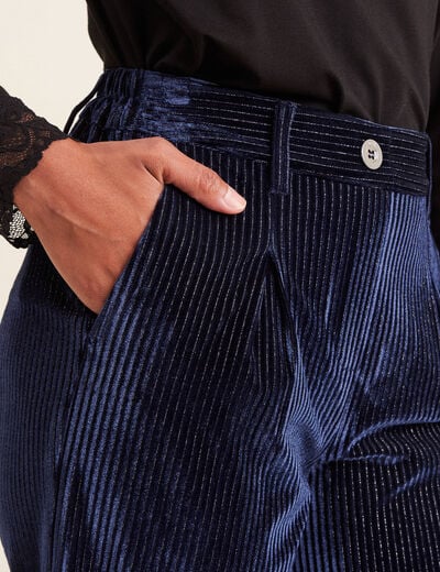 Pantalon large velours bleu fonc&eacute; femme