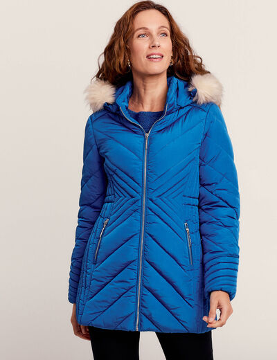 Doudoune d&eacute;perlante &agrave; capuche amovible bleu electrique femme