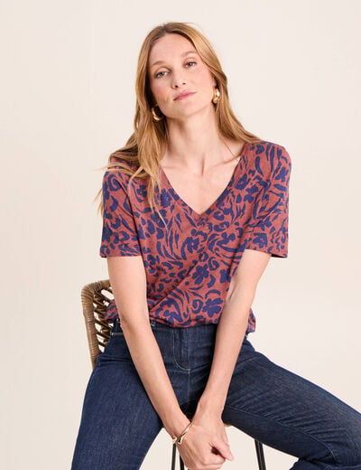 T-shirt col V manches courtes marron femme