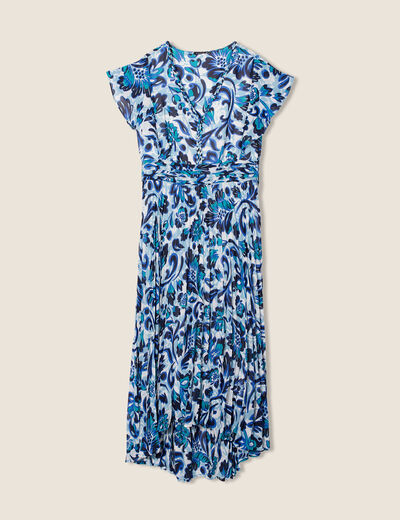 Robe longue droite plissée bleu femme