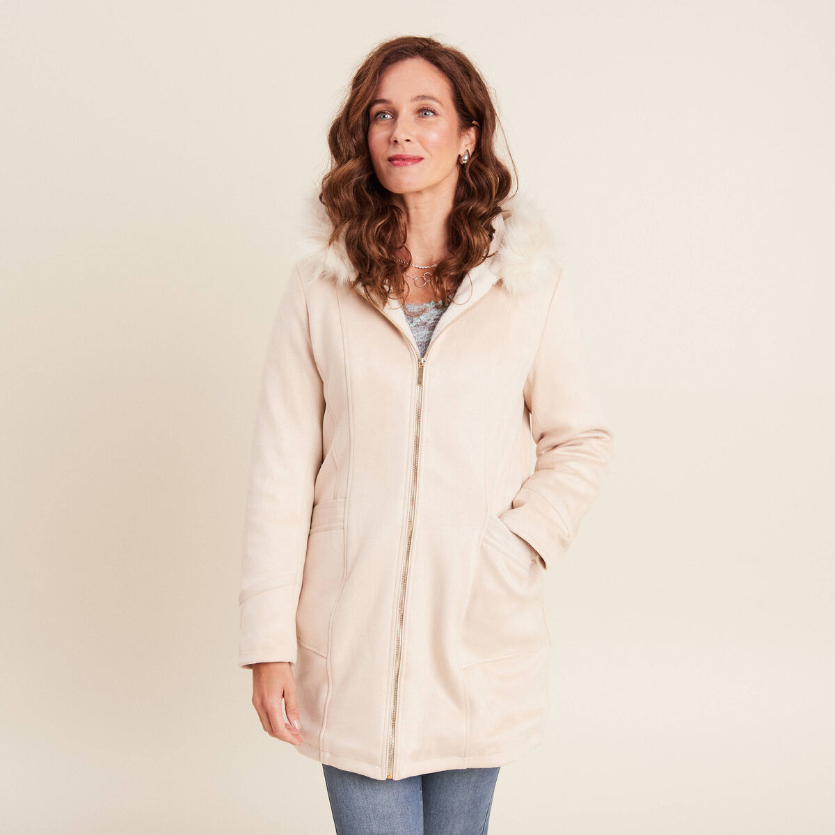 Manteau su&eacute;dine &agrave; capuche creme femme