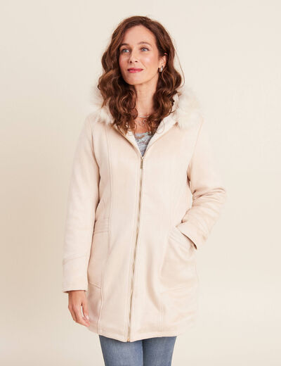 Manteau su&eacute;dine &agrave; capuche creme femme