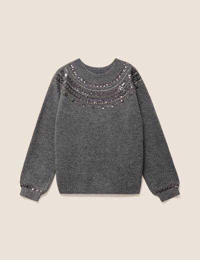 Pull col rond &agrave; sequins gris fonc&eacute; femme