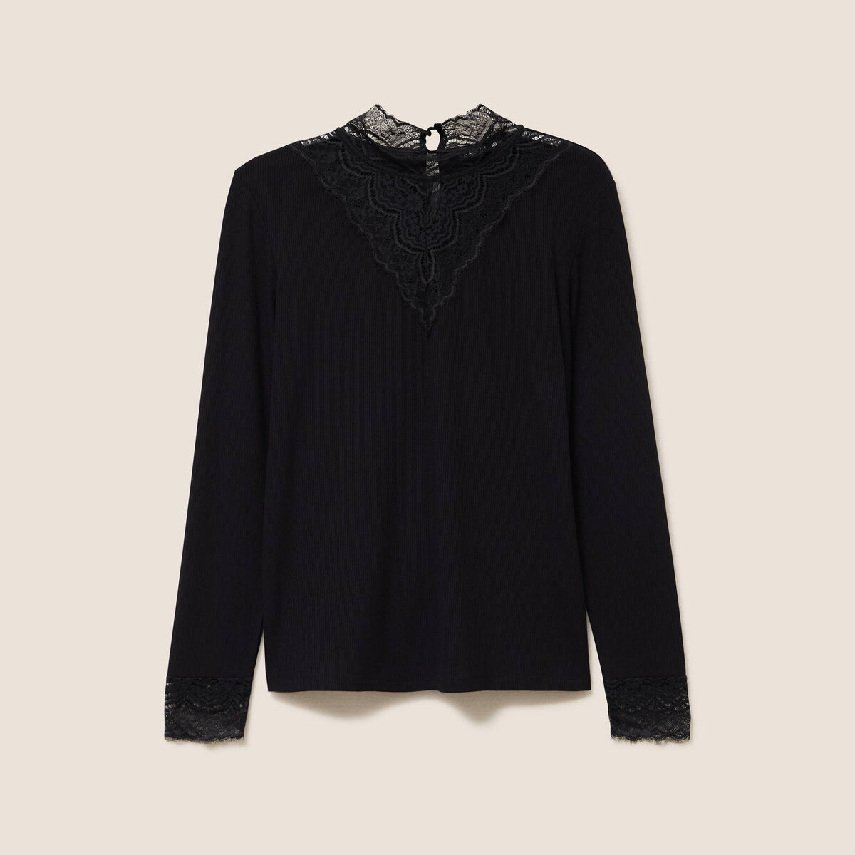 T-shirt cintr&eacute; col montant dentelle noir femme