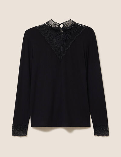 T-shirt cintr&eacute; col montant dentelle noir femme