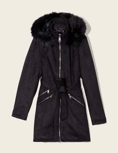 Manteau cintré suédine capuche noir femme