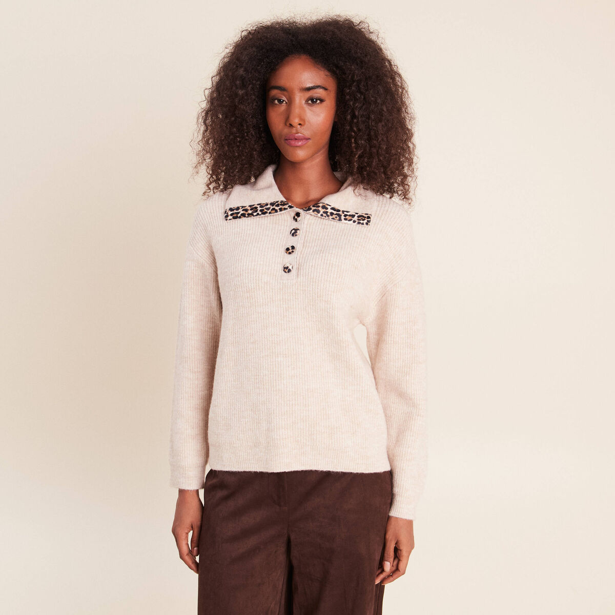 Pull droit manches longues beige femme